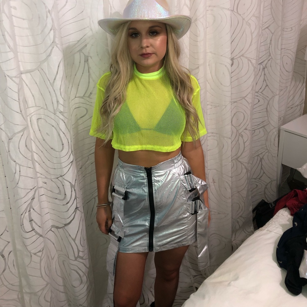 Fashion Nova skirt and neon mesh crop top
